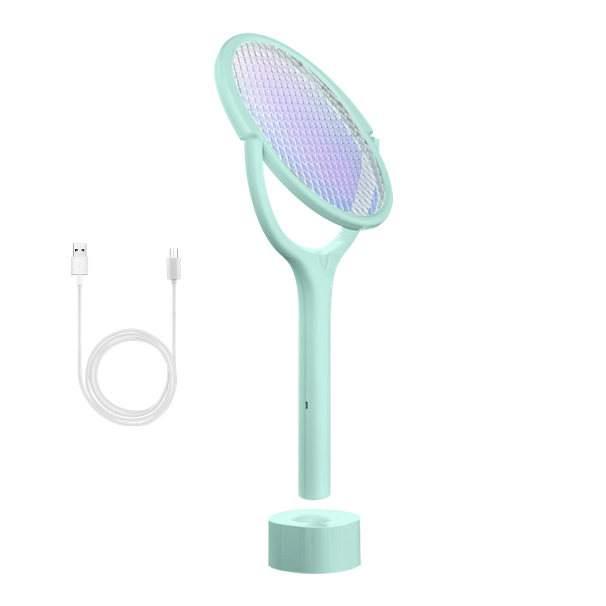 Mint green electric fly swatter with USB cable on a white background