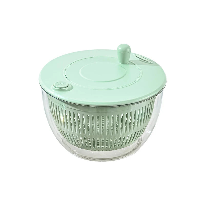 Mint green salad spinner on a white background