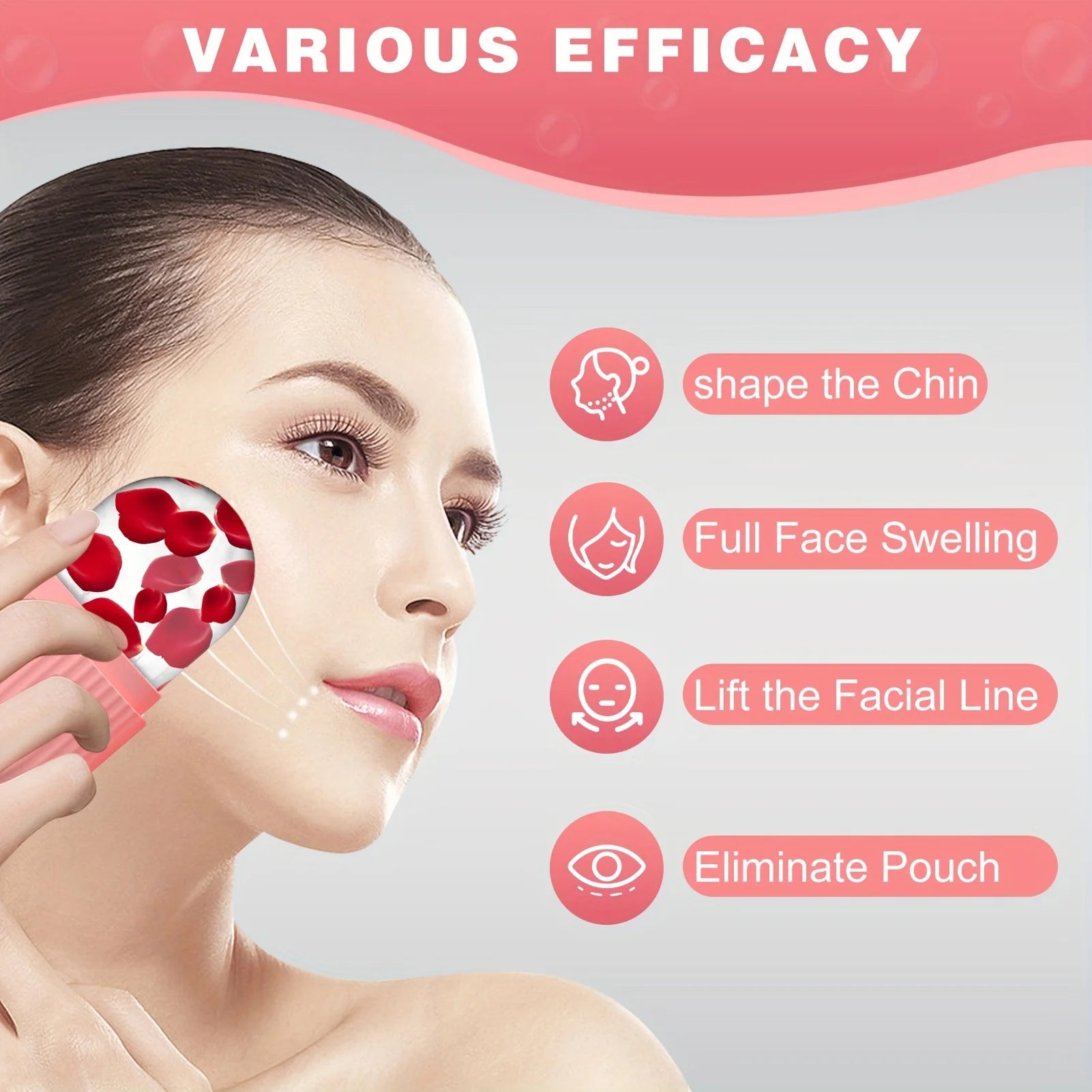 Woman using a facial product with text indicating various efficacy claims on a pink and gray background