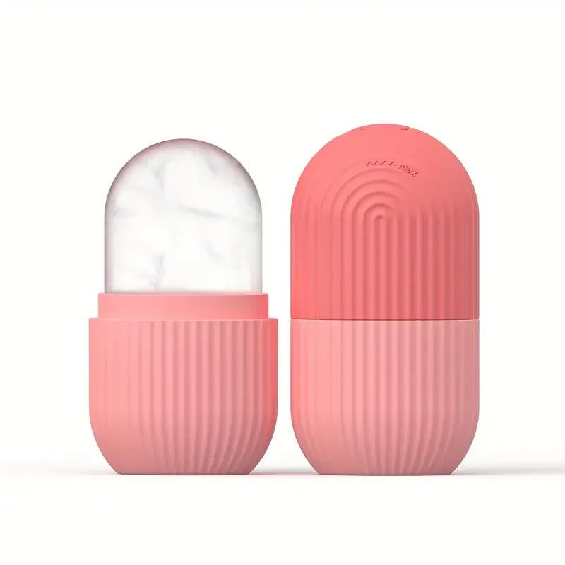 Two pink and white containers on a white background