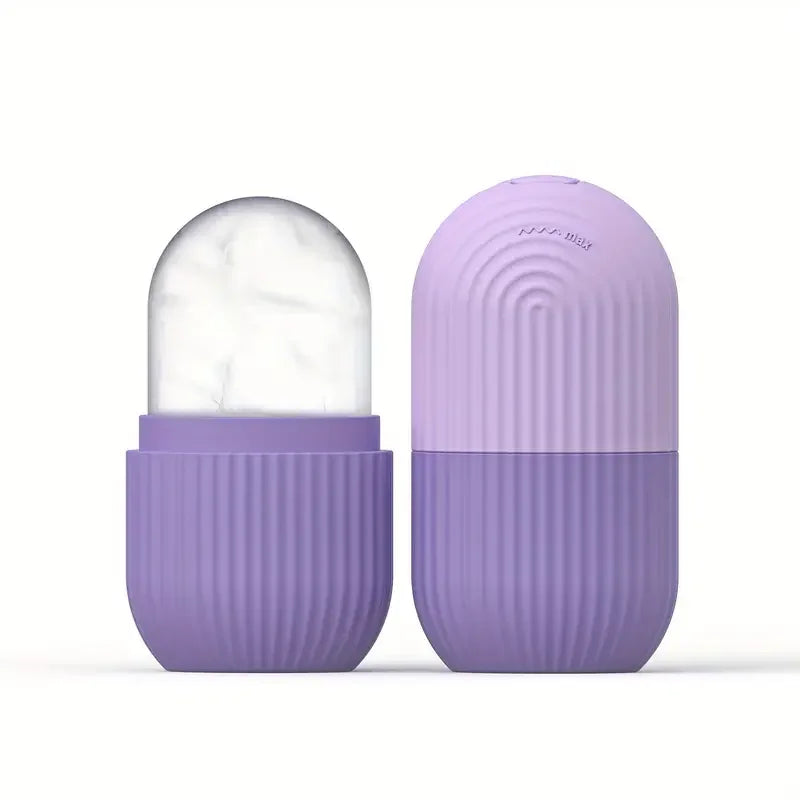 Two purple and clear containers on a white background