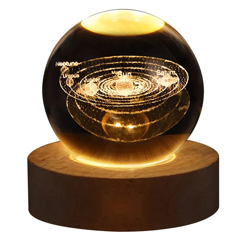 Spherical model of the solar system on a wooden base with glowing effect