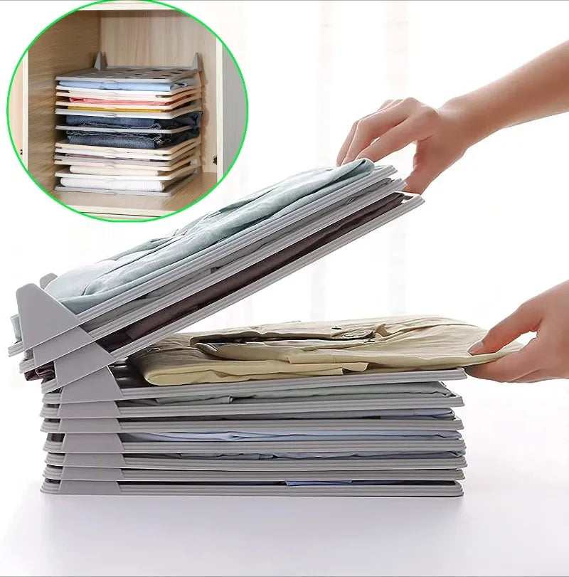 Person using a file holder to organize stacked documents with an inset showing a similar setup.
