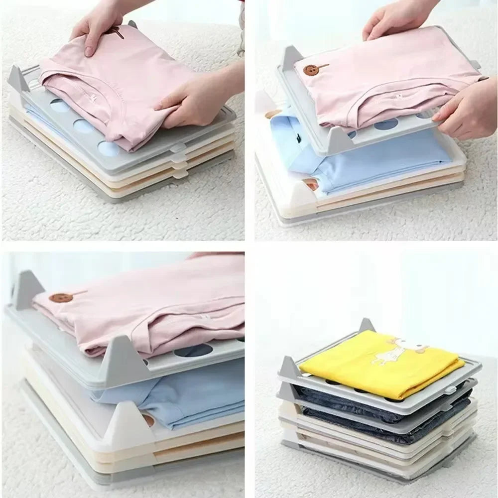 Collapsible folding board being used to fold clothes on a light surface.
