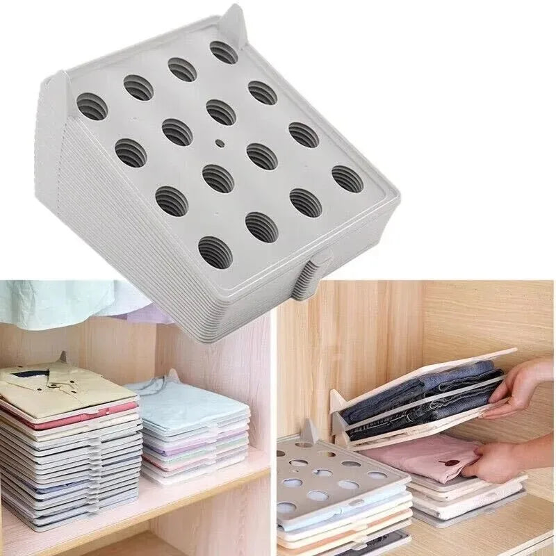 Stackable organizer with multiple compartments used for storing folded clothes.