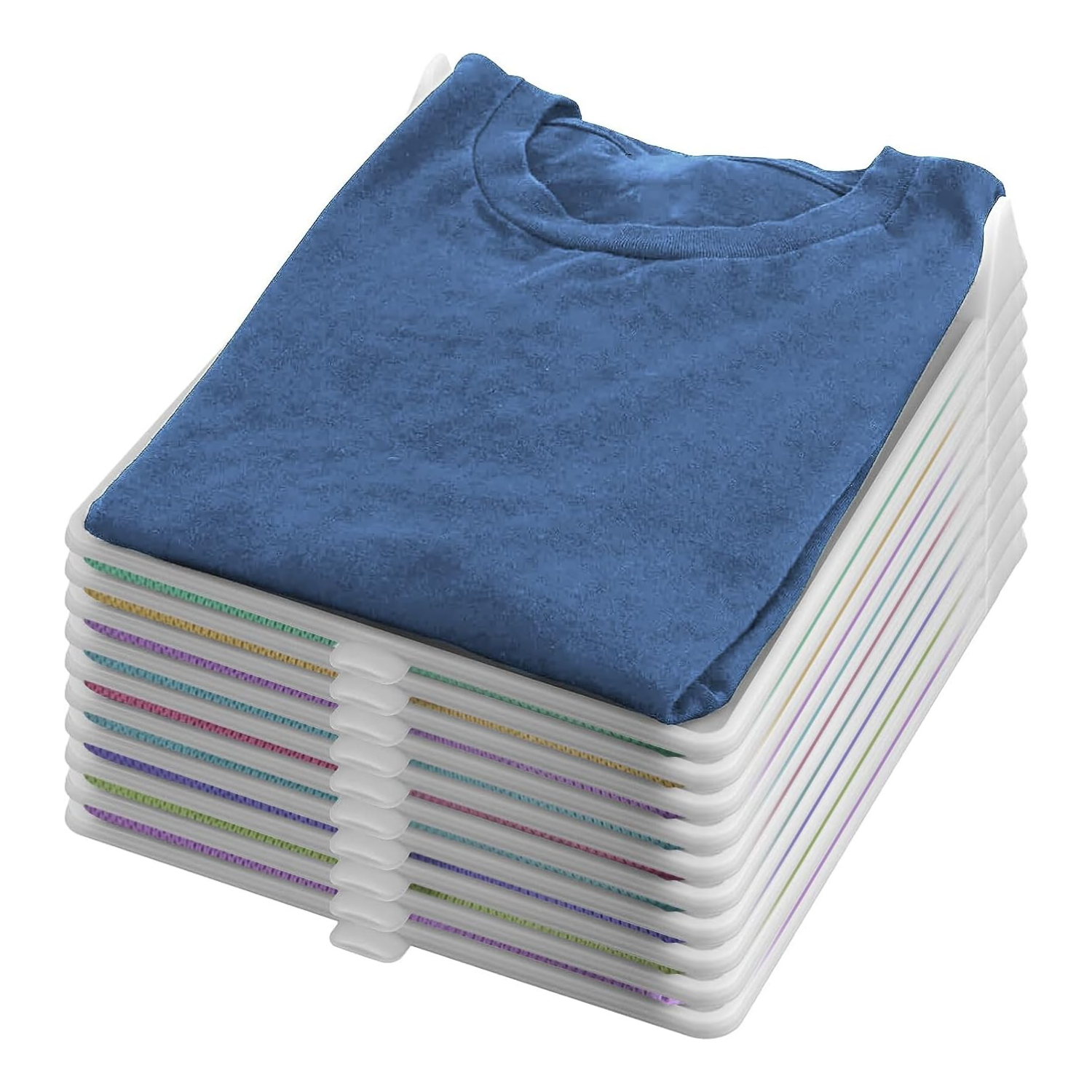 Stack of folded blue shirts on a white background