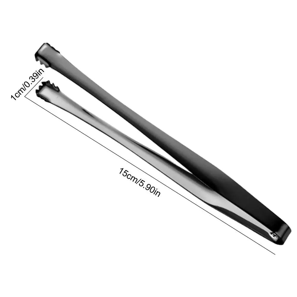 Metallic tongs with measurements on a white background