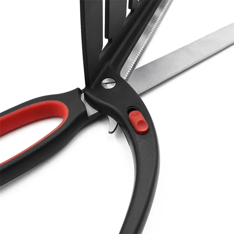 Stainless steel pizza scissors with integrated slice server