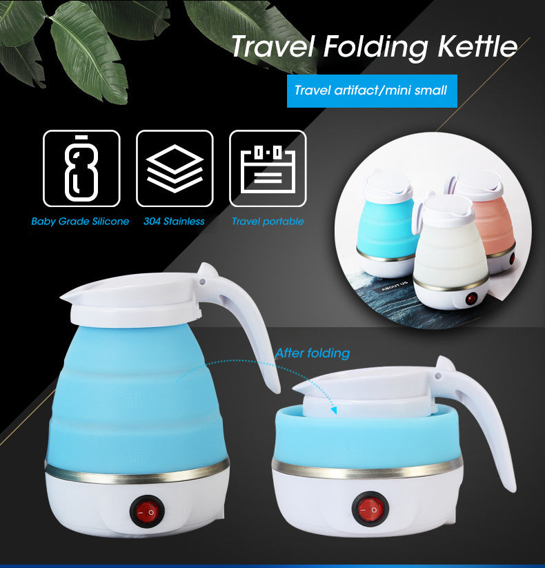 Travel folding kettle with blue body and white handle on a black background