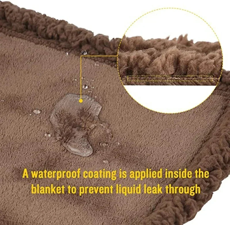 Brown blanket with waterproof coating feature, showing water beads on surface.