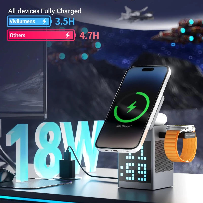 Smartphone and smartwatch charging on a stand with charging statistics displayed.